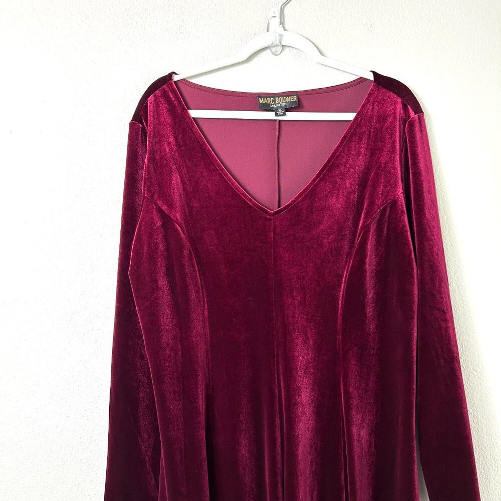 Marc Bouwer Unlimited Dress Size XL Burgundly Velvet Velour Long Sleeves V Neck - Picture 2 of 12